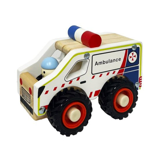 Toy ambulance with red and blue lights on a white background