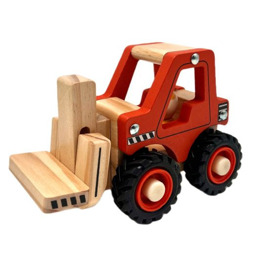 Wooden toy forklift with red body and black wheels on a white background