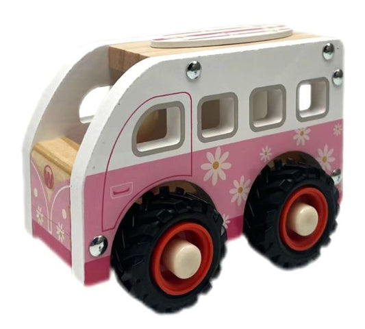 Wooden toy bus with pink body and black wheels on a white background