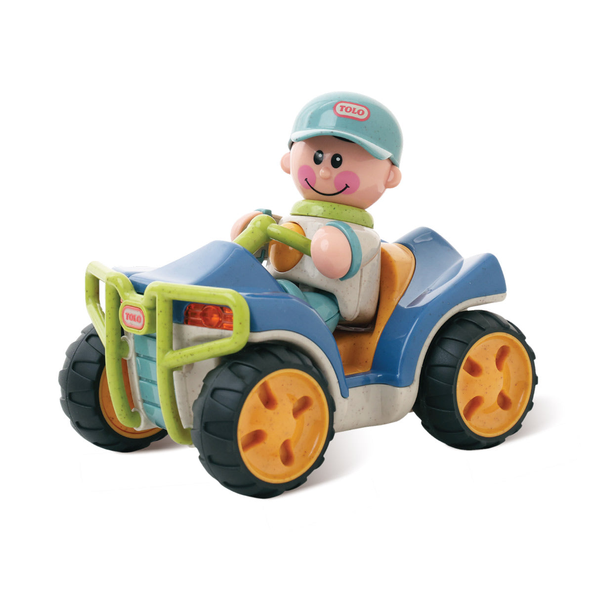 Toy figure of a child driving a toy vehicle on a white background