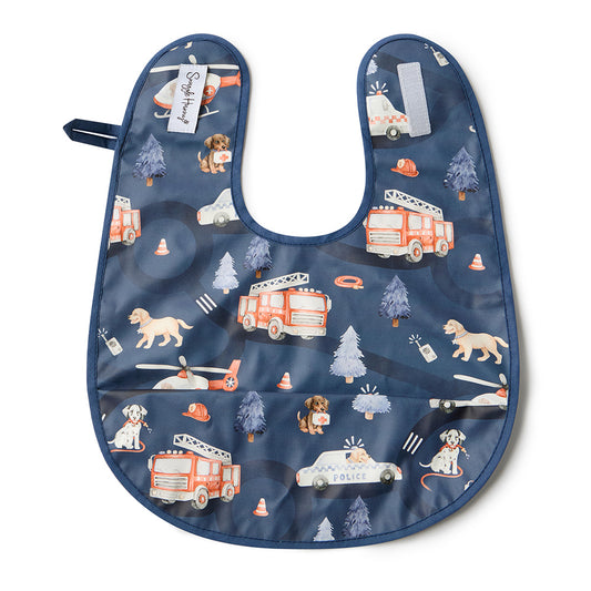 Navy blue bib with fire truck, police car, and dog pattern on a white background