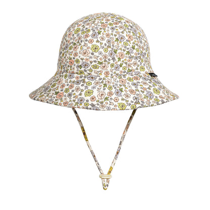 Floral patterned bucket hat with a strap on a white background