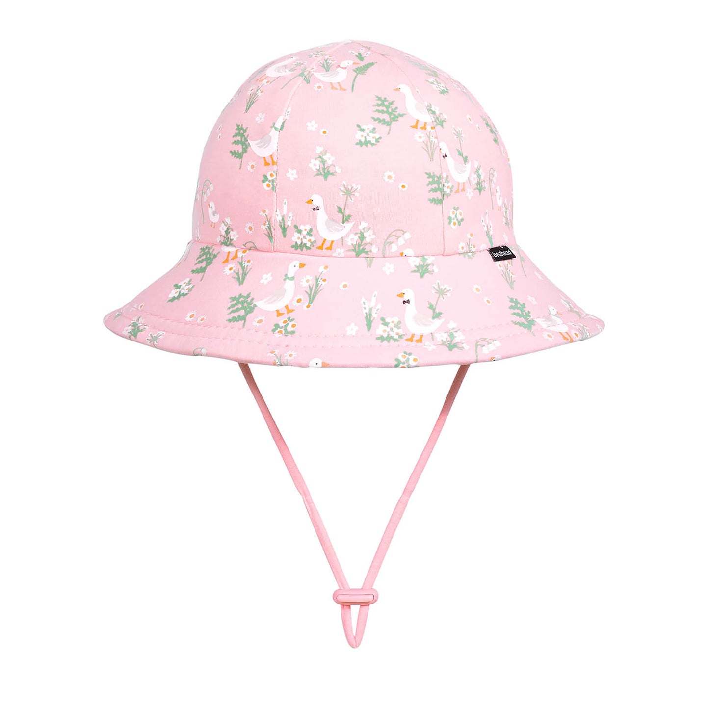 Pink bucket hat with floral pattern on a white background