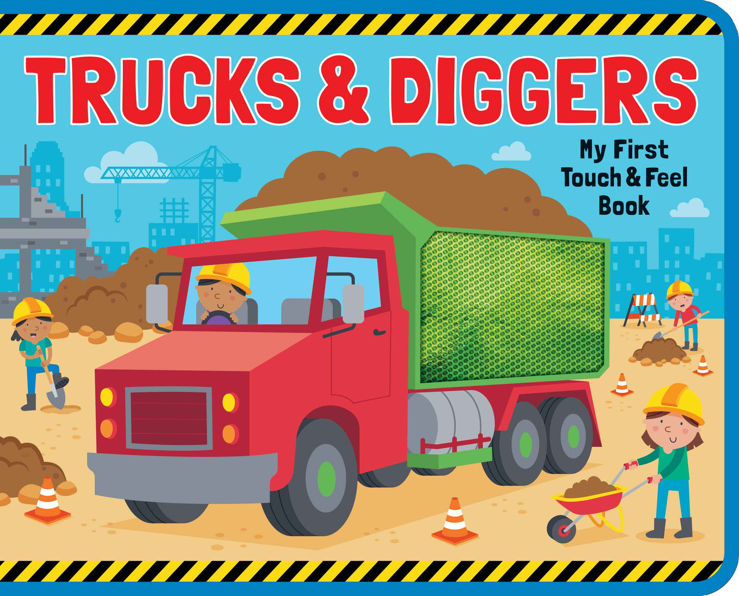 Book cover of 'Trucks & Diggers' with a red truck and construction workers on a blue background.