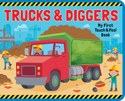 Book cover of 'Trucks & Diggers' with a red truck and construction workers on a blue background.