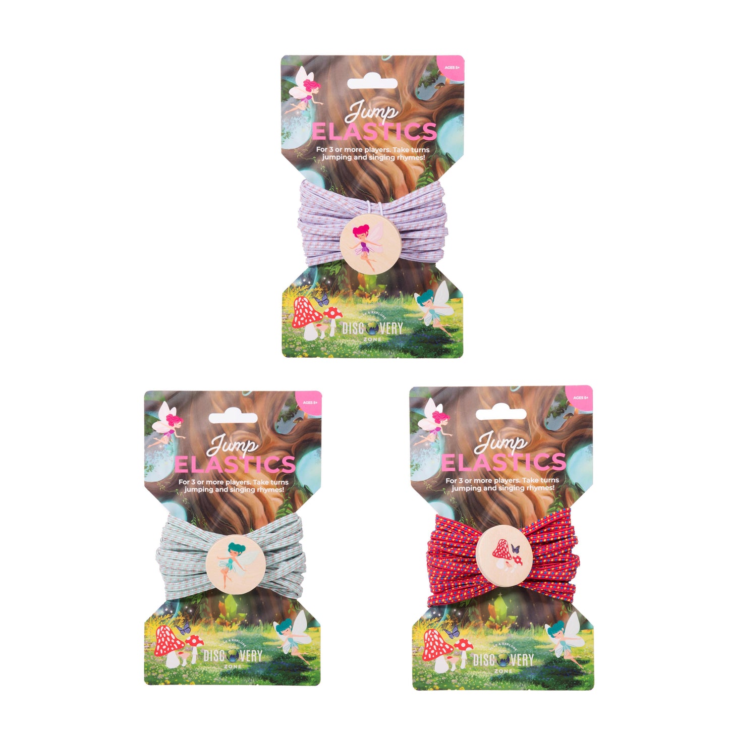 Three packages of 'Jump Elastics' with colorful bows on a white background