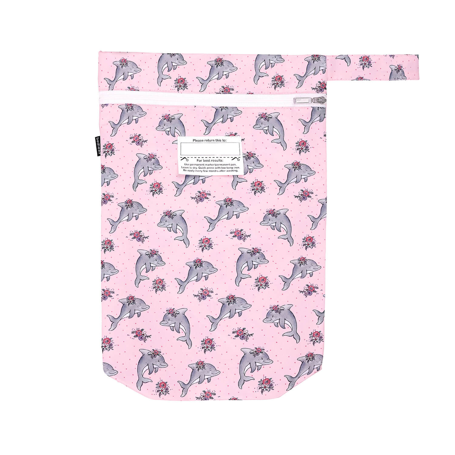Reusable shopping bag with dolphin pattern on pink background