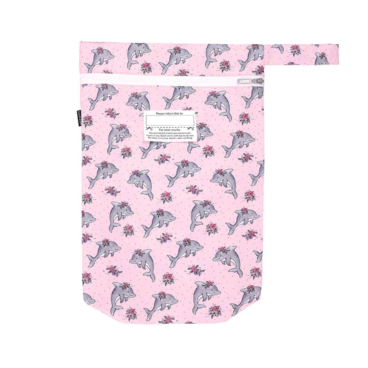 Reusable shopping bag with dolphin pattern on pink background