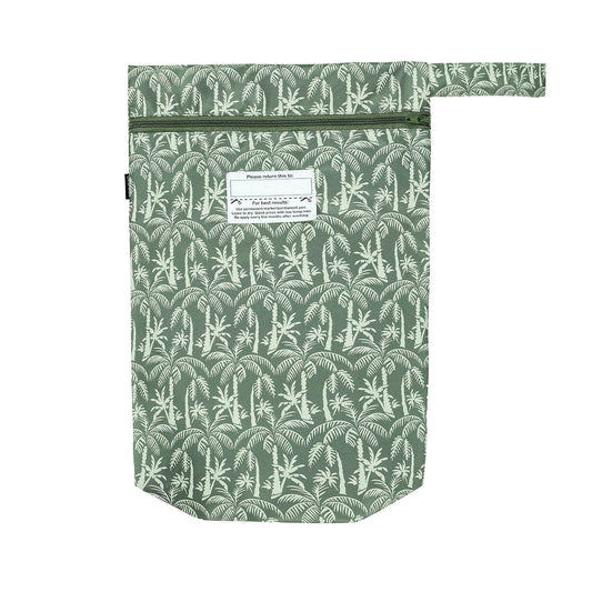 Green patterned bag with a label on a white background