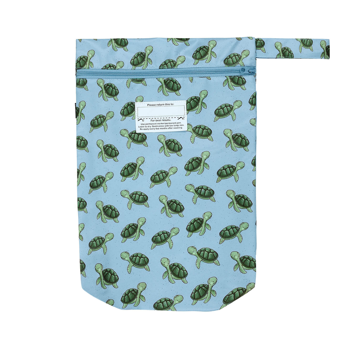 Reusable shopping bag with turtle pattern on a blue background