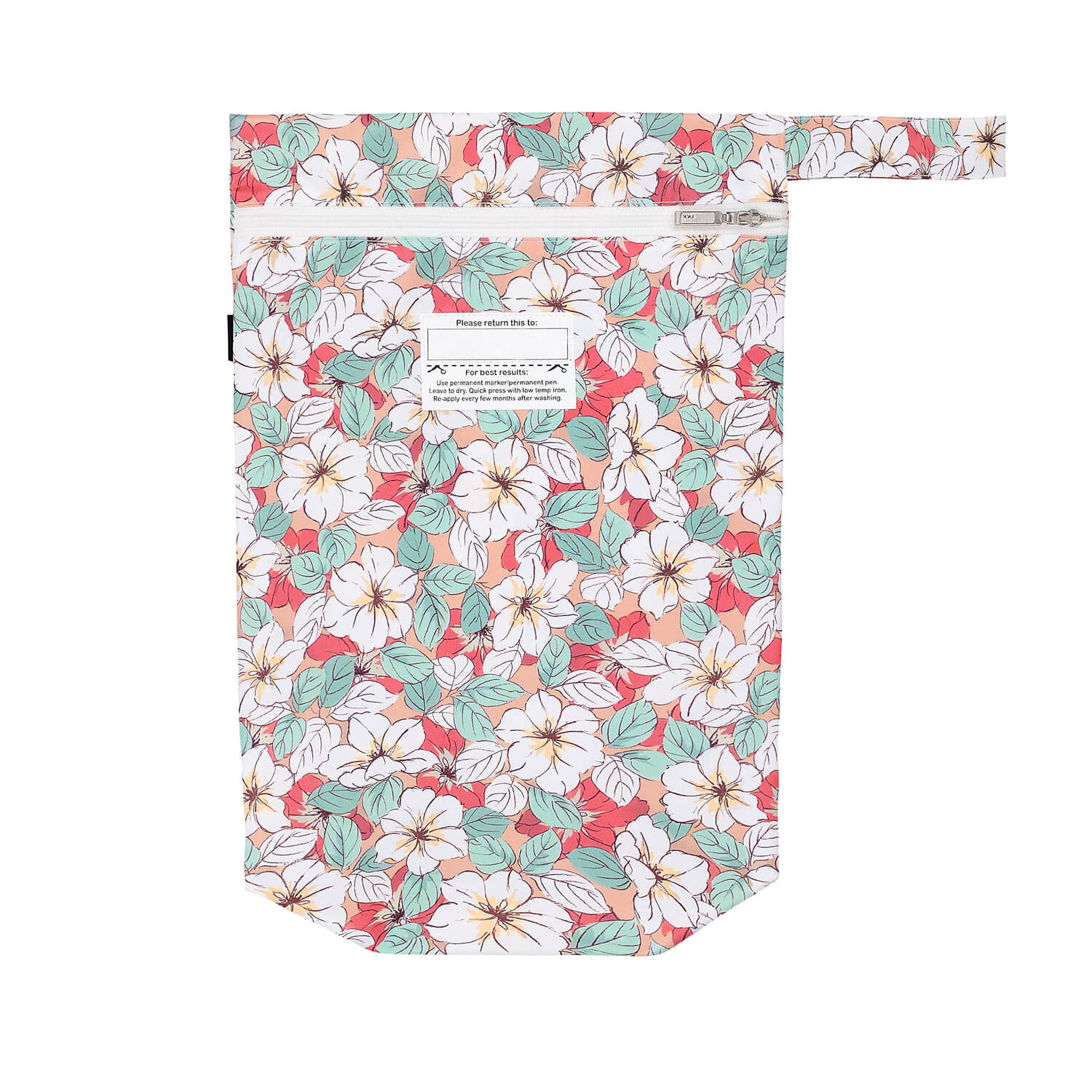 Floral-patterned pouch with a visible brand label on a white background