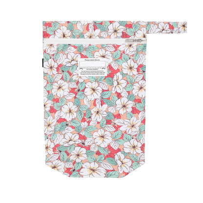 Floral-patterned pouch with a visible brand label on a white background