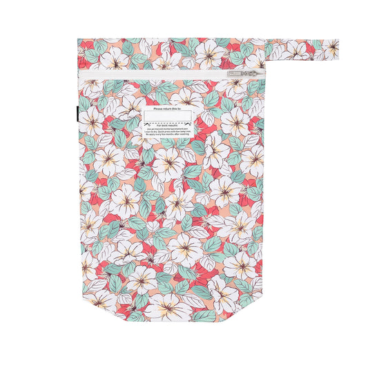 Floral-patterned pouch with a visible brand label on a white background