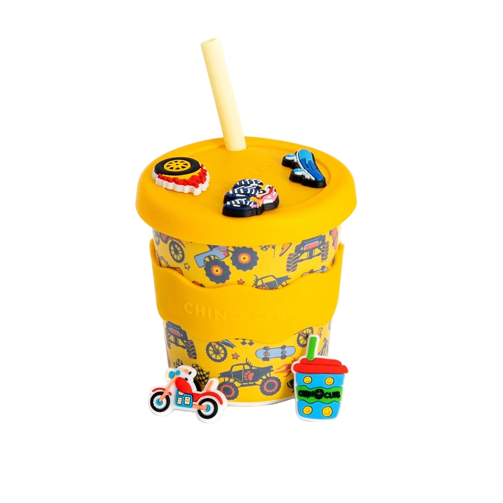 Yellow tumbler with vehicle pattern and accessories on a white background