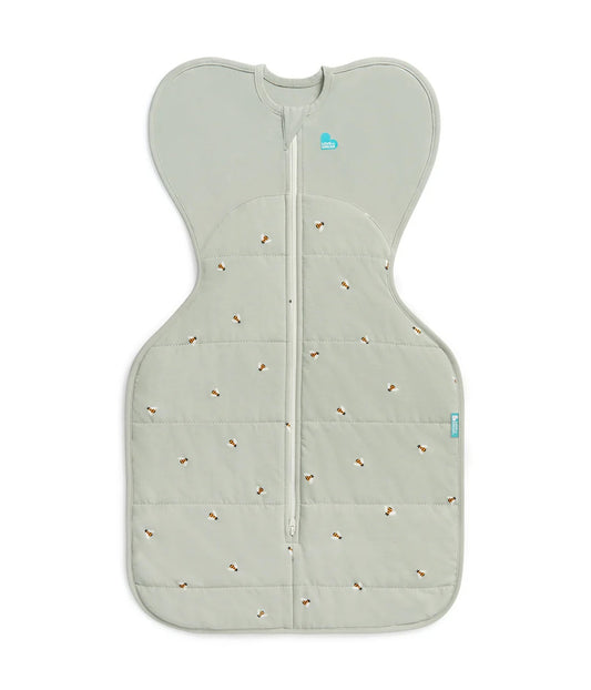 Light gray baby sleeping bag with subtle pattern on a white background