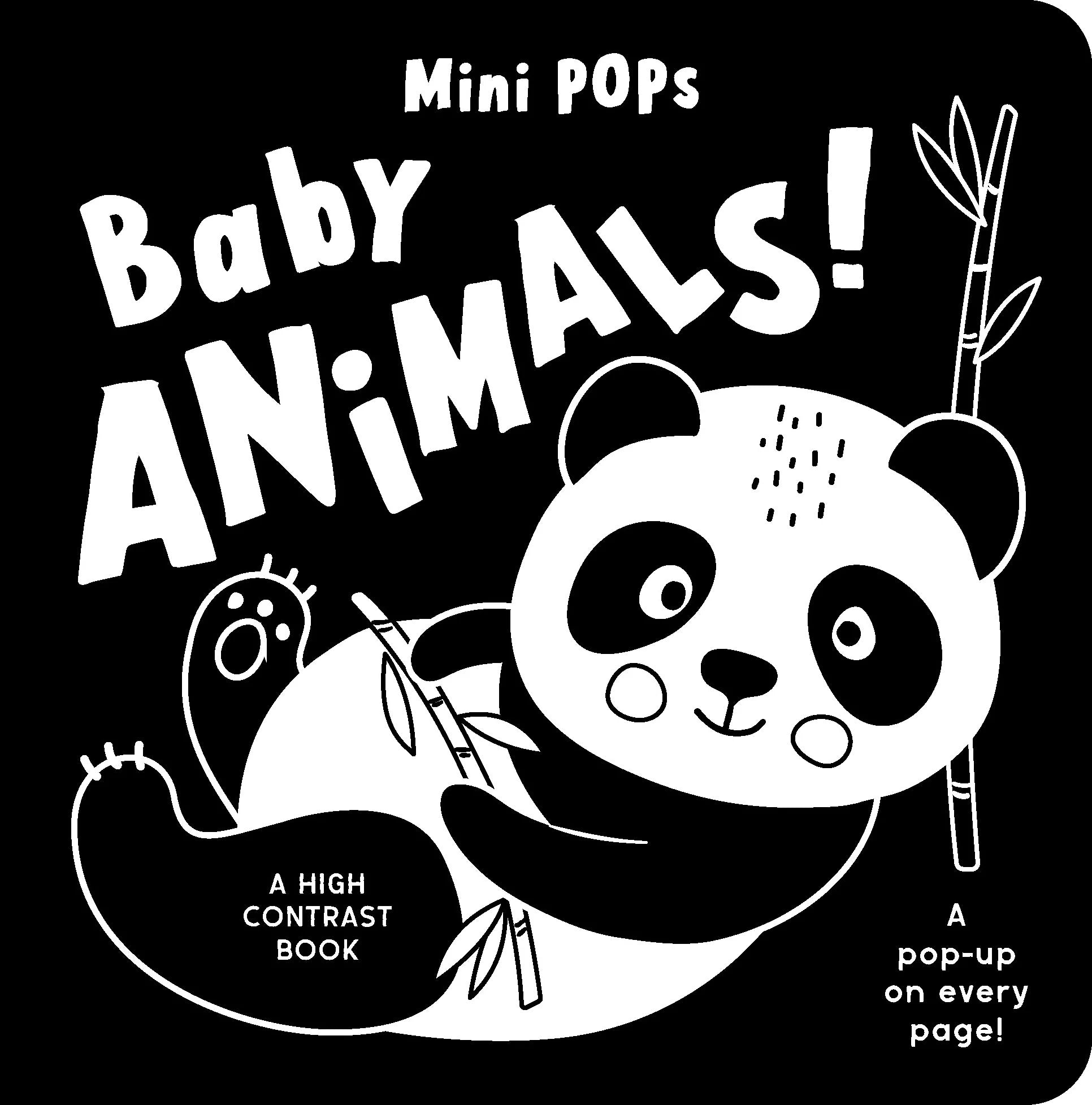 Book cover of 'Mini POPS Baby Animals!' with a panda illustration on a black background.