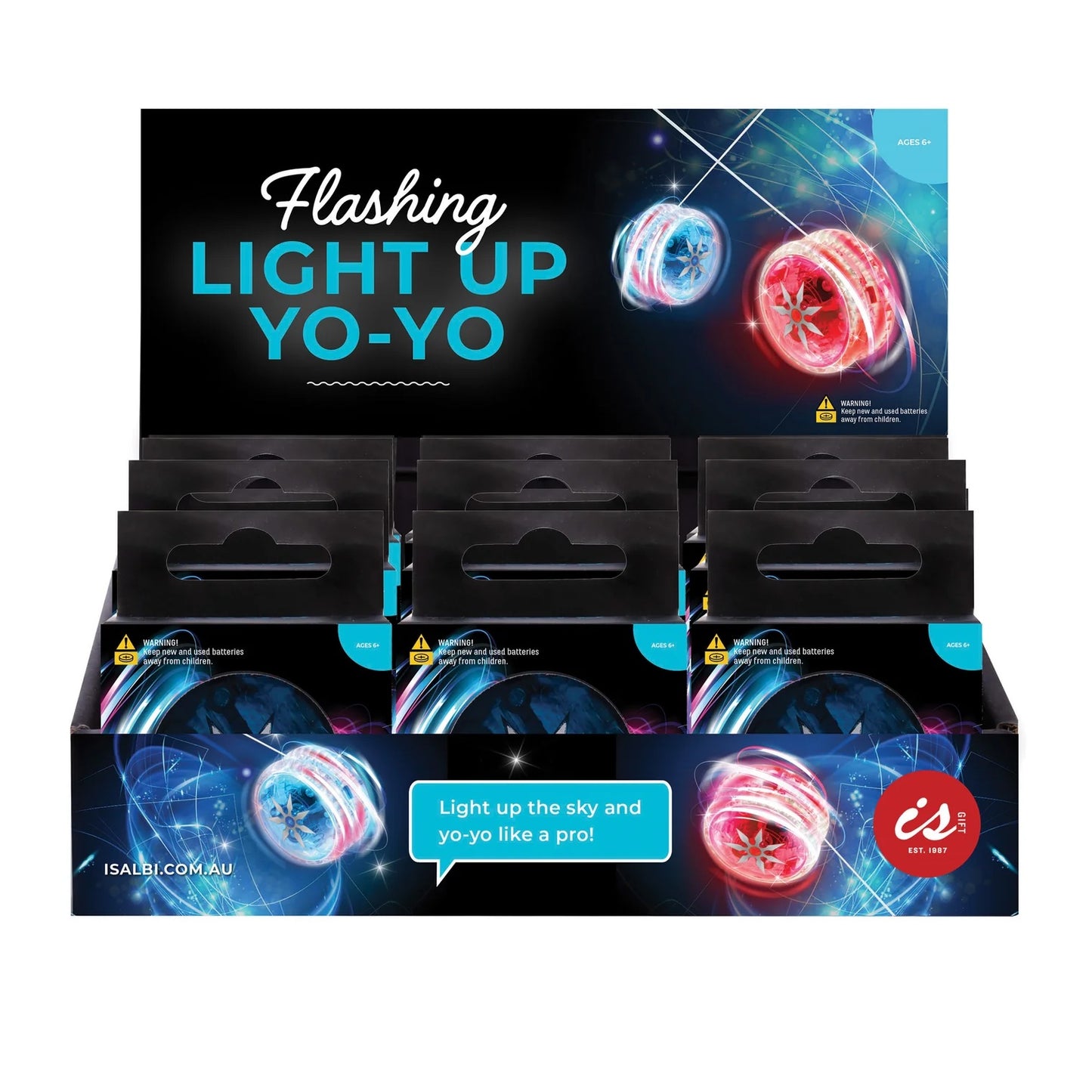 Display of flashing light-up yo-yo packaging with IS logo