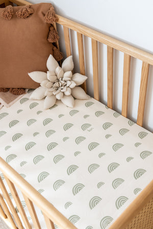 Fitted Bamboo/Organic Cotton Cot Sheet - Rainbow - Ivory/Sage
