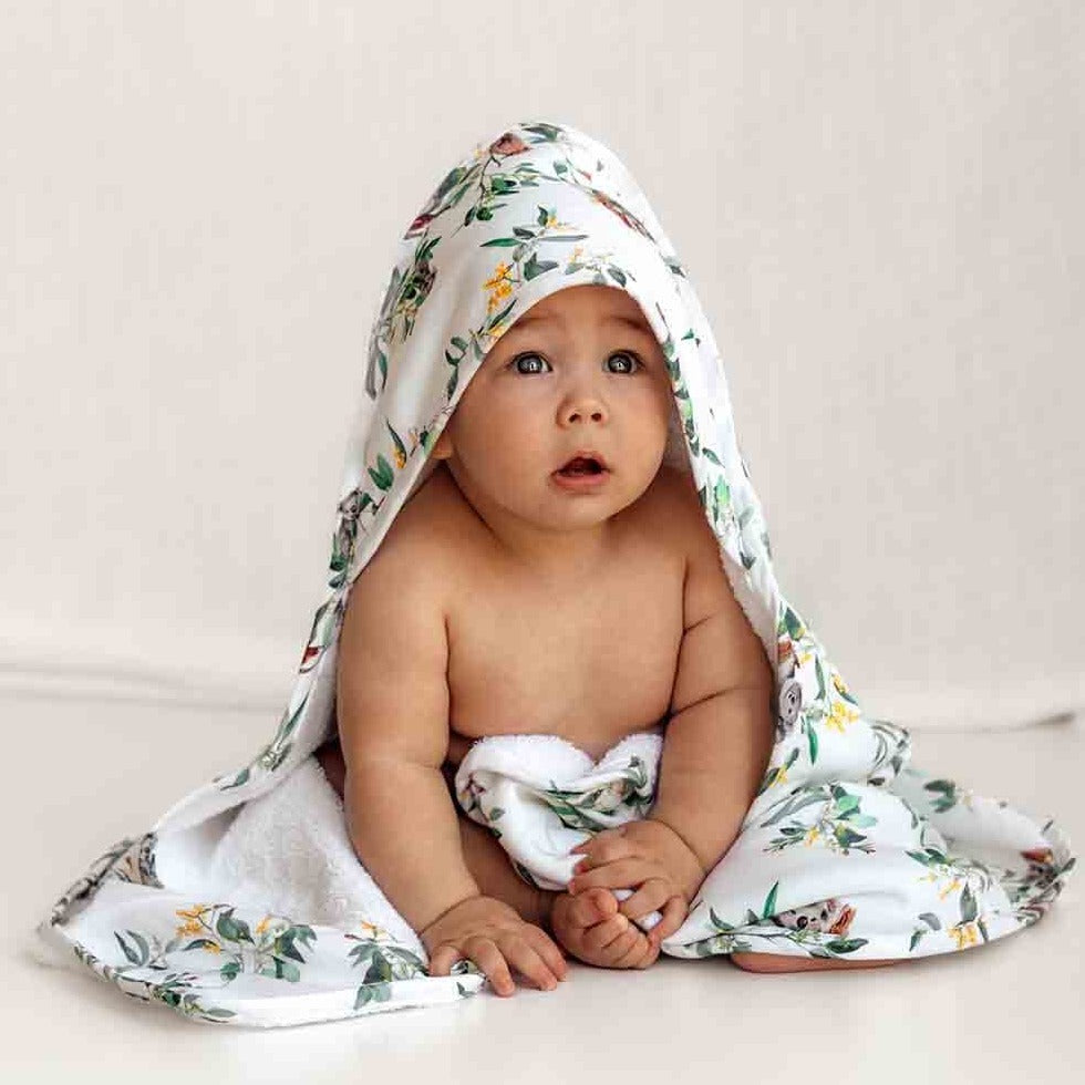 Snuggle Hunny Eucalypt hooded towel - angus and dudley