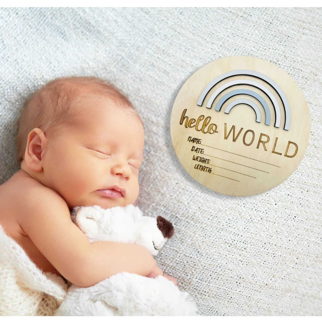 wooden birth announcement disc rainbow - Angus and Dudley