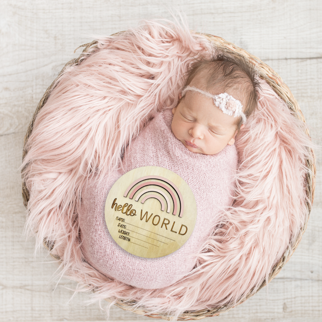 wooden birth announcement disc rainbow - Angus and Dudley