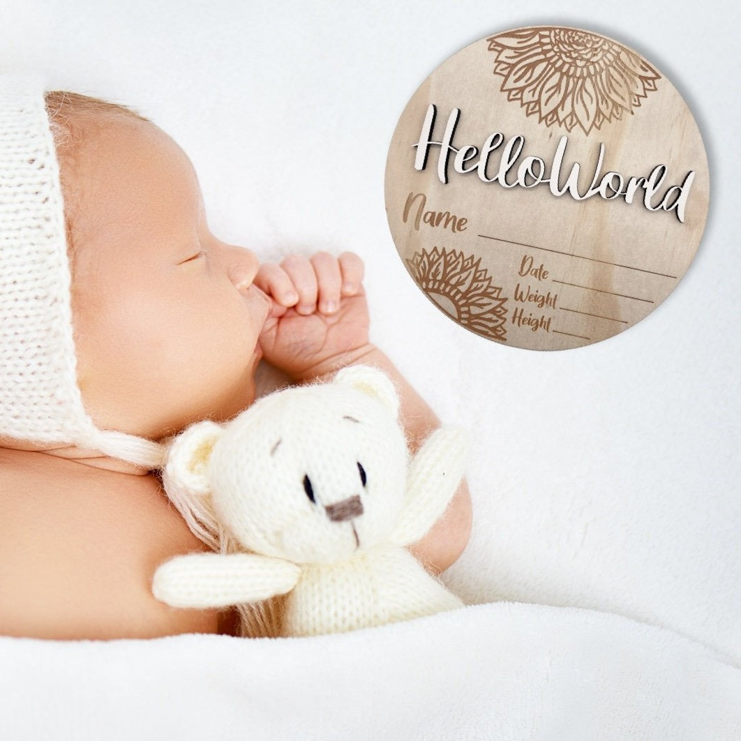 Wooden birth announcement disc sunflower - Angus and Dudley