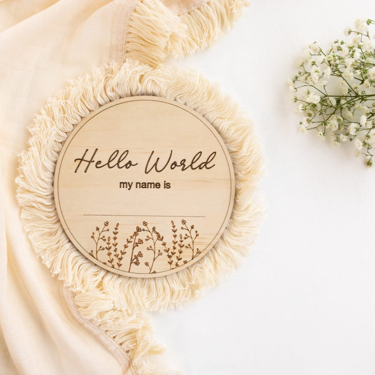 wooden birth announcement hello world disc - angus and dudley