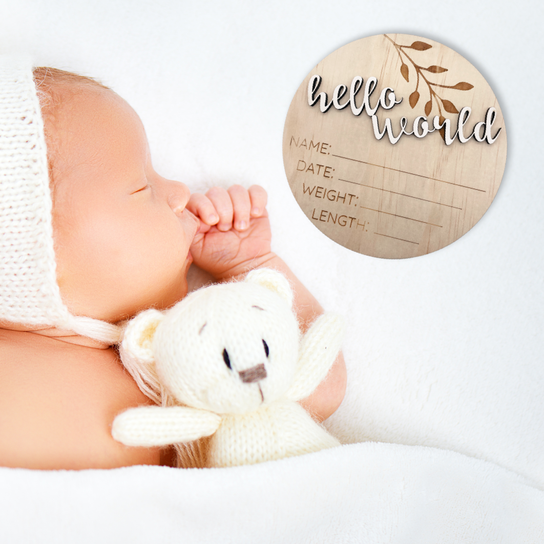 Wooden announcement hello world disc - Angus and Dudley