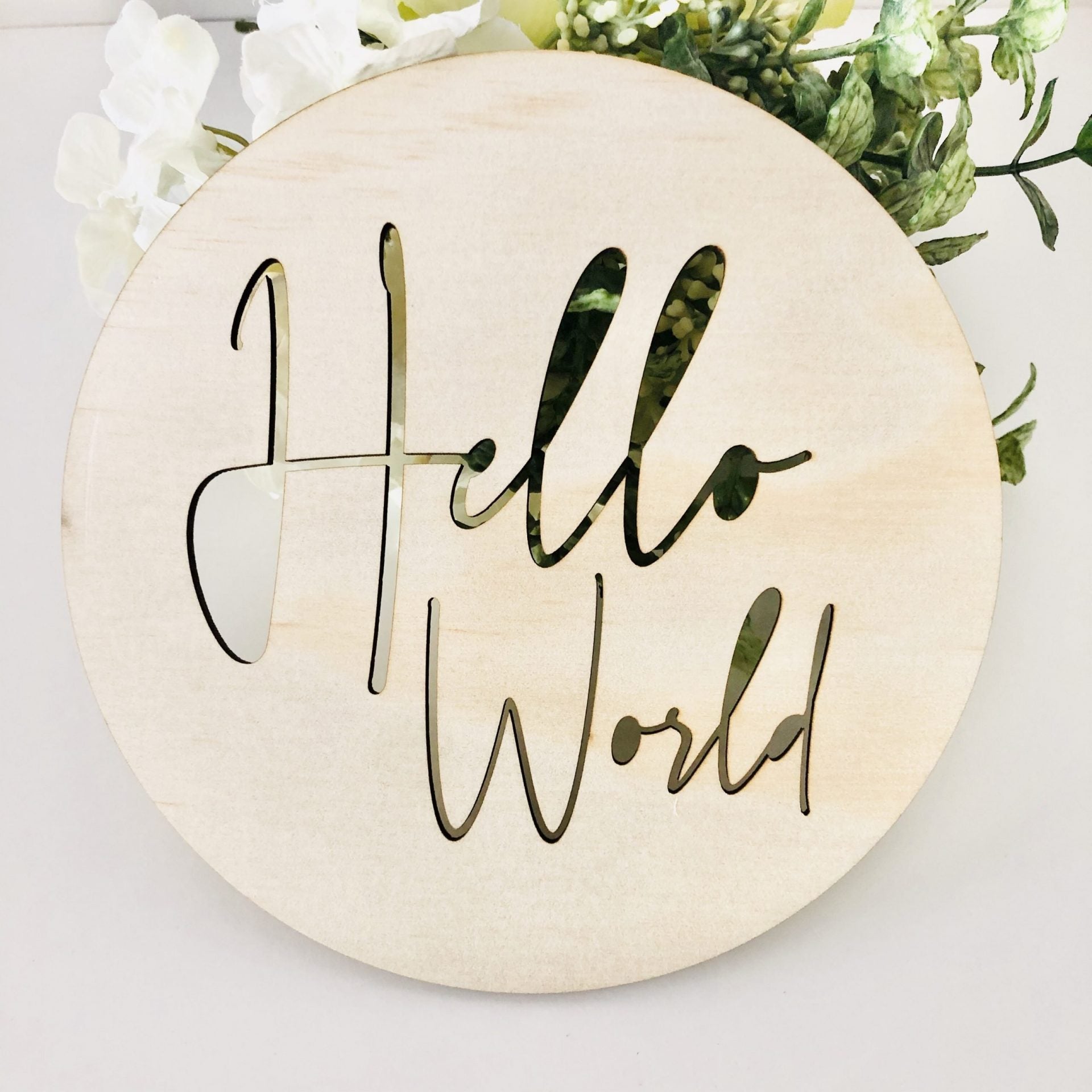 hello world wooden announcement disc - Angus and Dudley