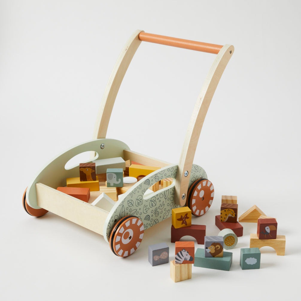 wooden push walker and blocks - angus and dudley