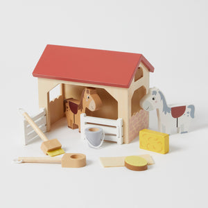 Wooden toy horse stable set - angus and dudley