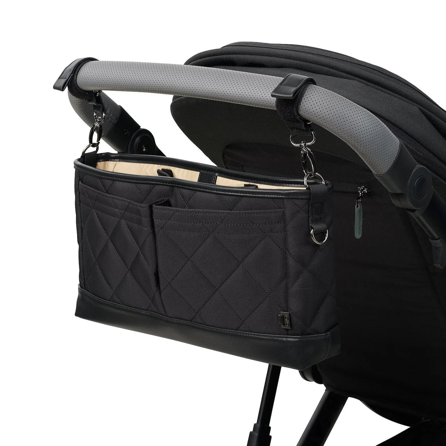 Oioi Vegan Leather Stroller Organiser/Pram Caddy - Black Quilt